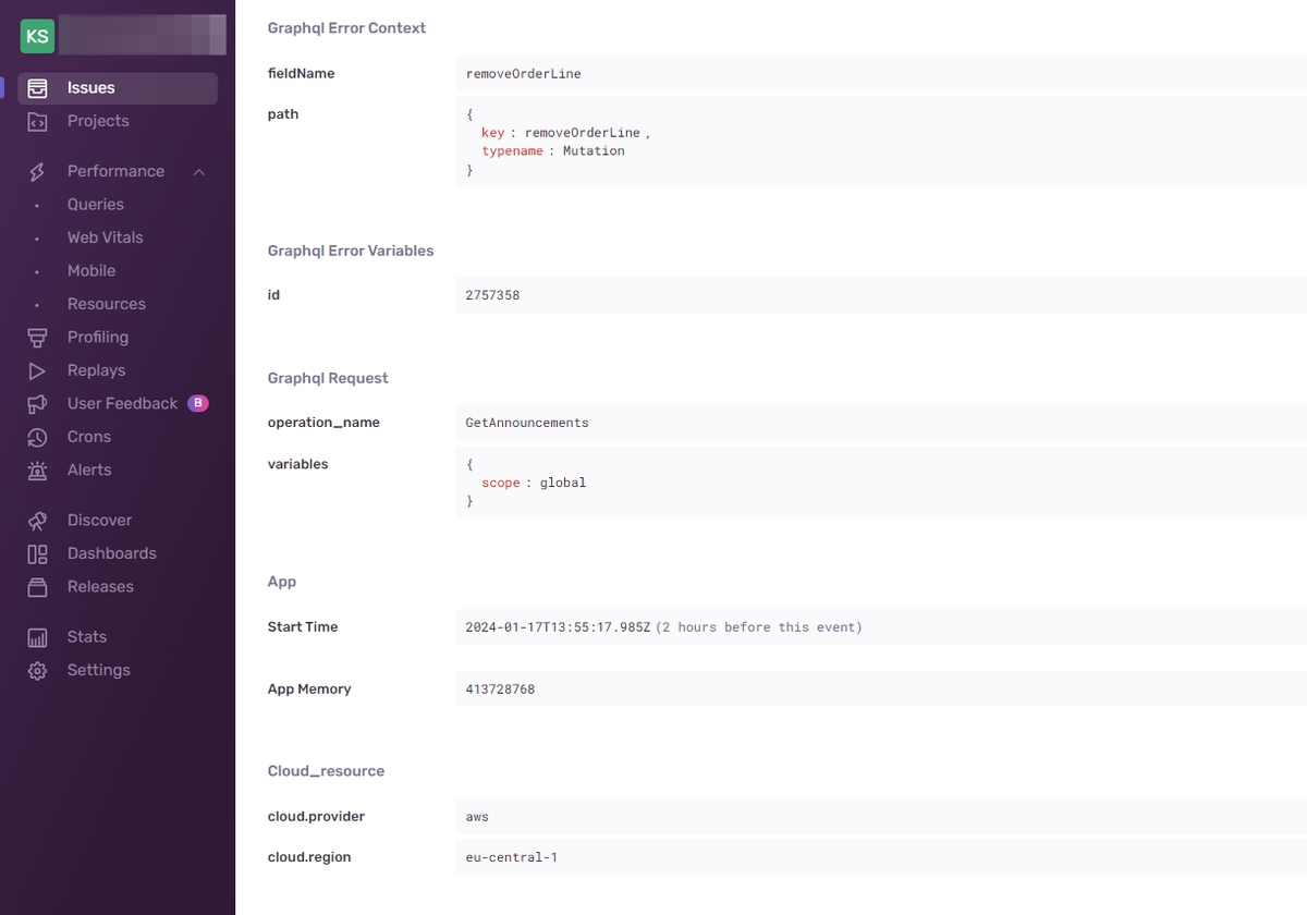 A screenshot displaying GraphQL error context in the Sentry dashboard.