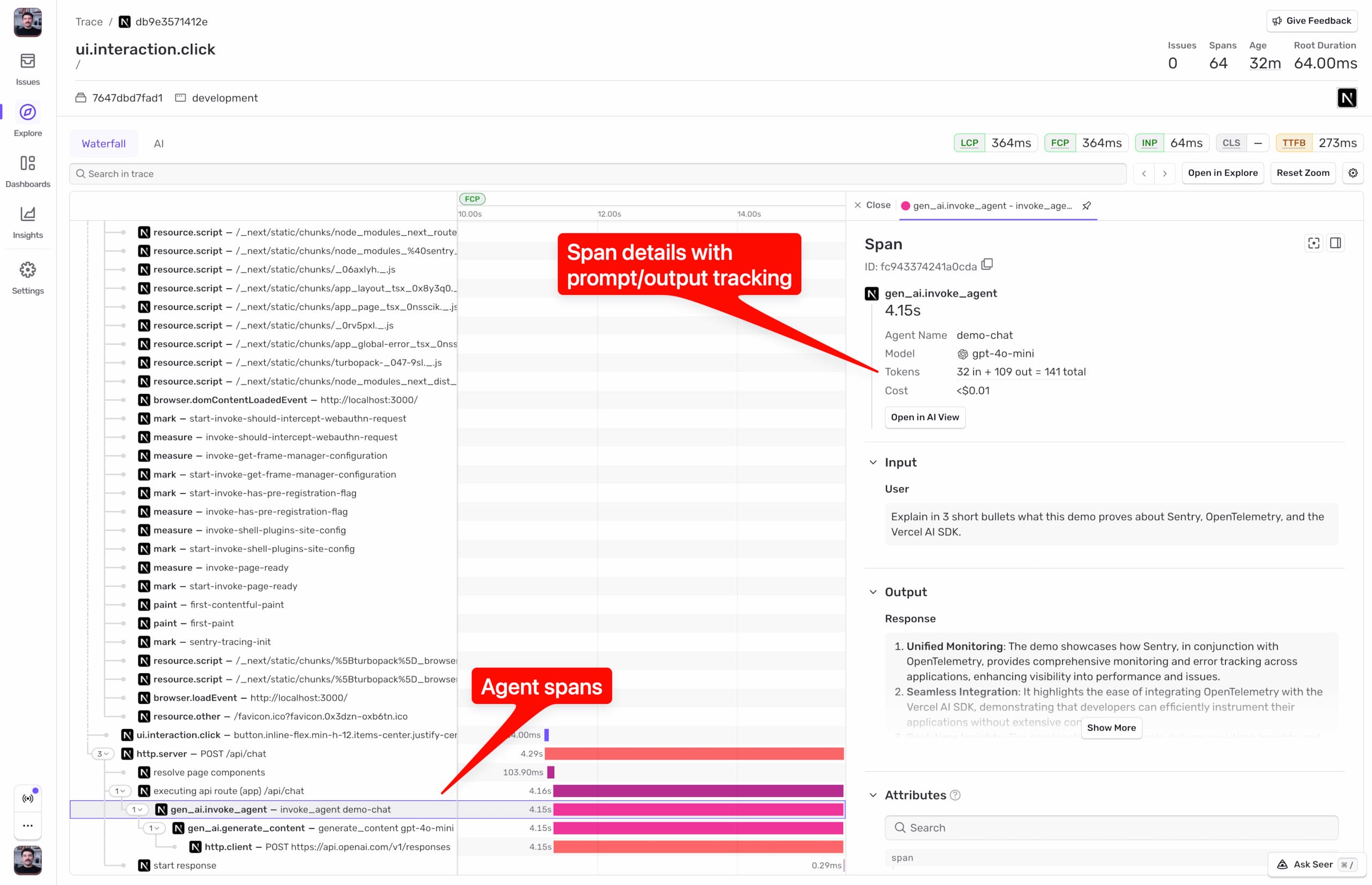 Sentry trace view showing a gen_ai.invoke_agent span from the Vercel AI SDK with model, token counts, and latency attributes