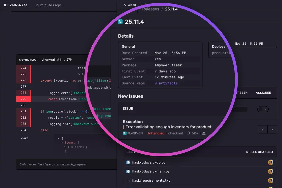 Sentry Issue Detail with Stack Trace and Suspect Commit