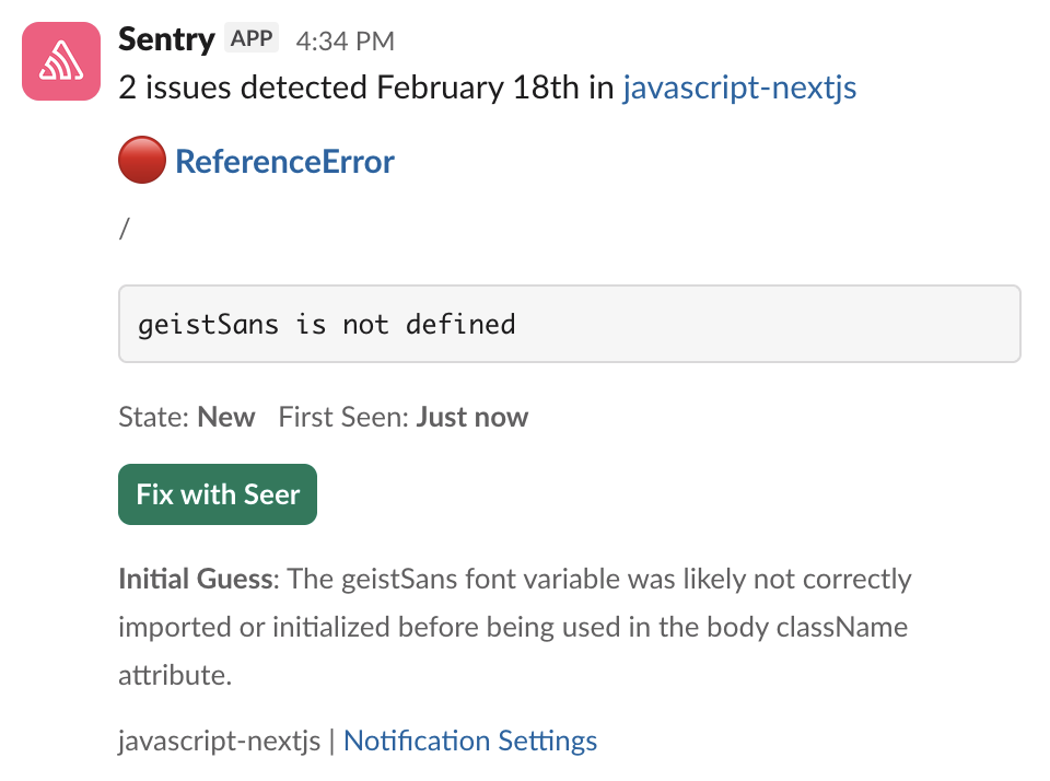 Sentry Slack alert with a Fix with Seer button